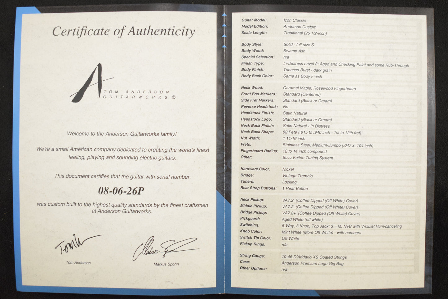 Tom Anderson Icon Classic In-Distress Level 2: Tobacco Burst - dark grain