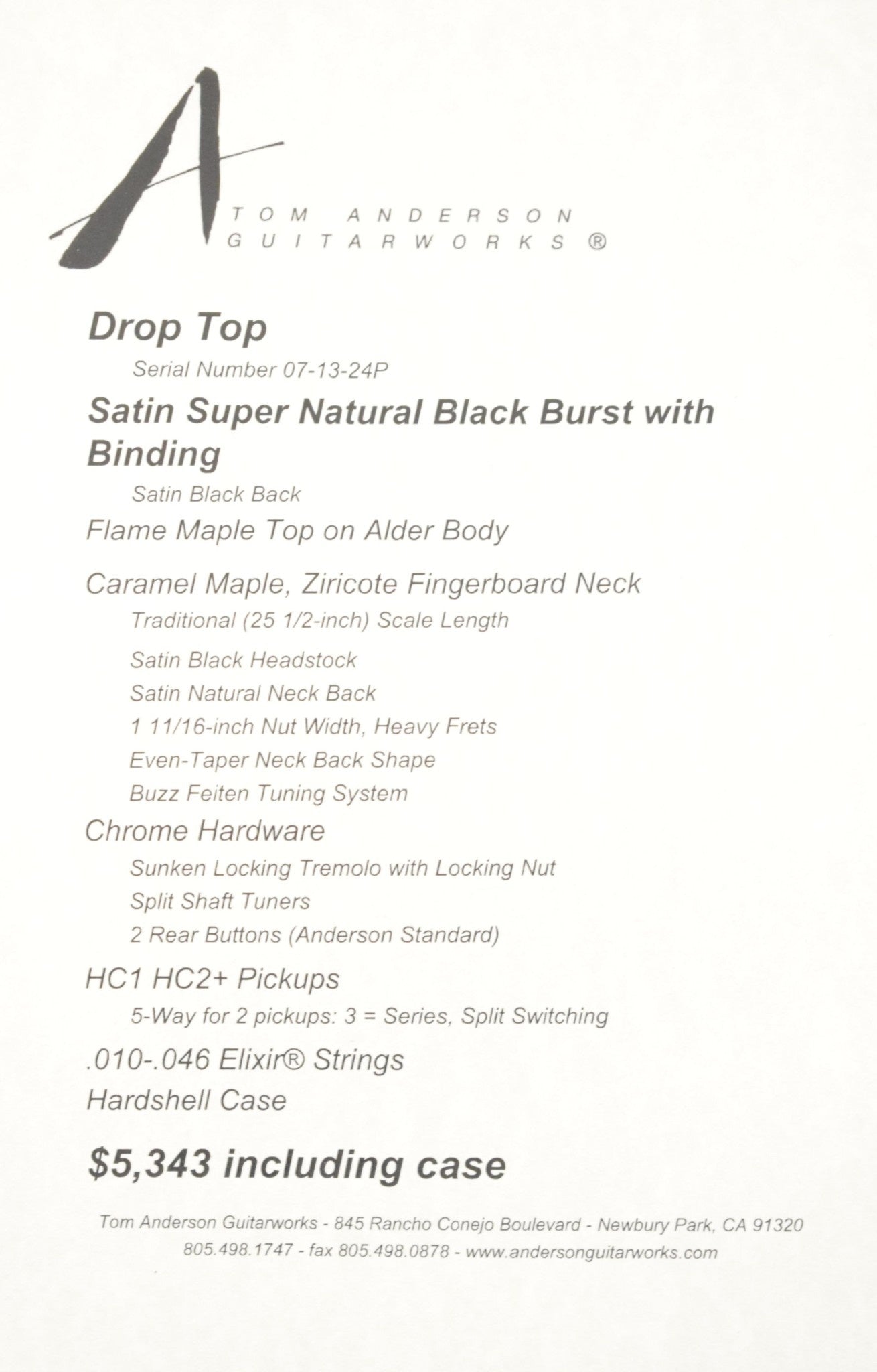 Tom Anderson Drop Top Satin Super Natural Black Burst with Binding