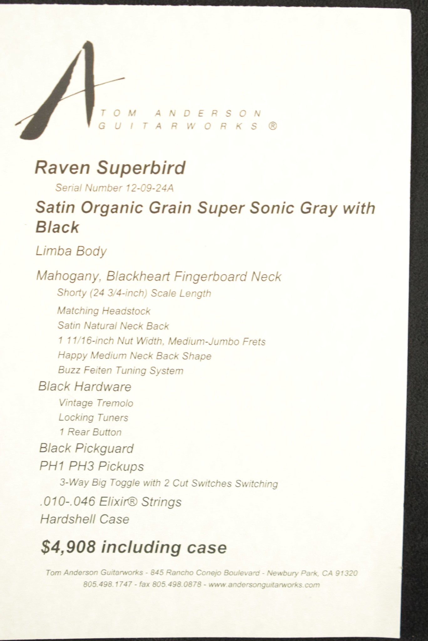 Tom Anderson Raven Superbird Satin Organic Grain Super Sonic Gray with Black