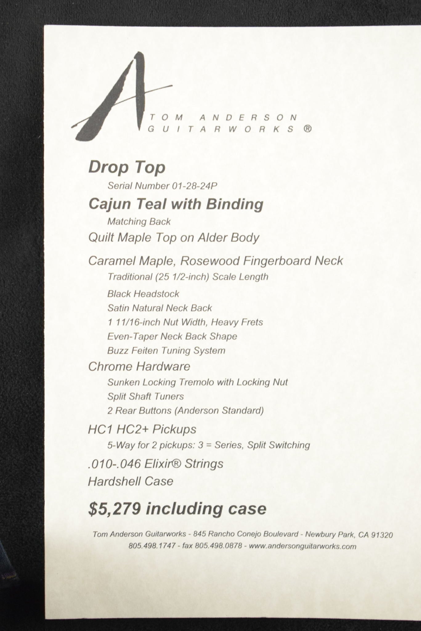 Tom Anderson Drop Top Cajun Teal with Binding