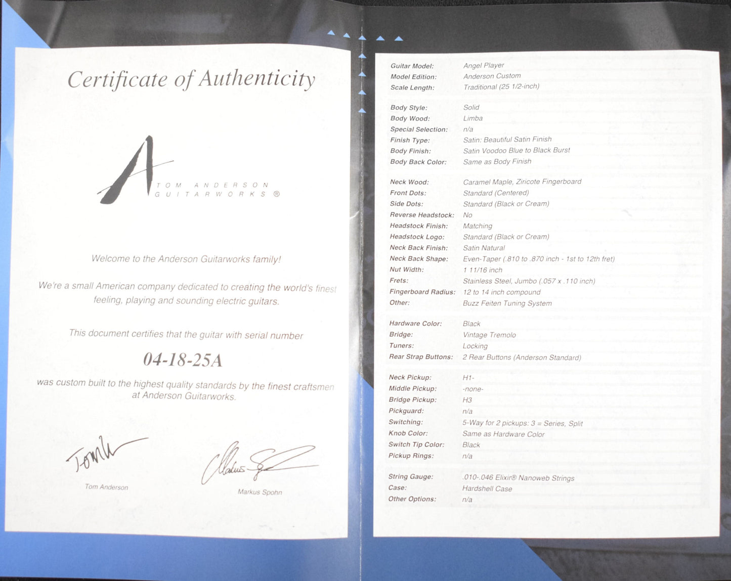 Tom Anderson Angel Player Satin Voodoo Blue to Black Burst