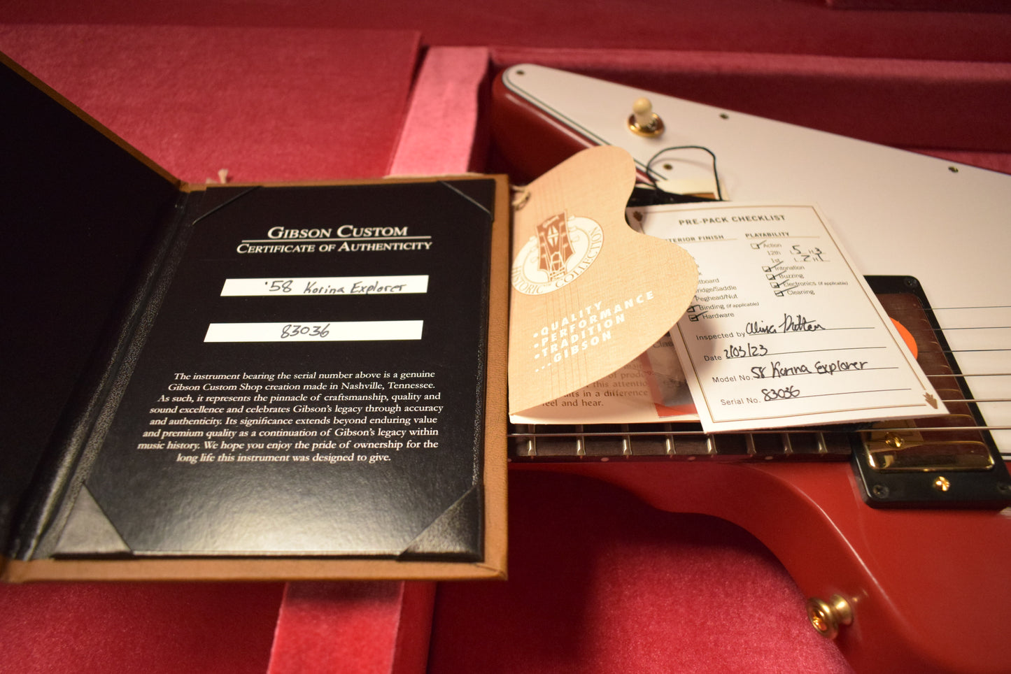 Gibson Custom Shop 1958 Korina Explorer VOS Cardinal Red Gold Hardware