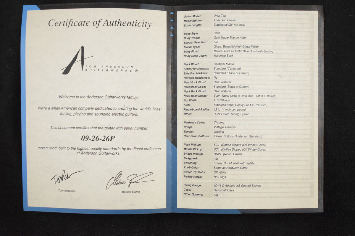 Tom Anderson Drop Top Natural Bora to Arctic Blue Burst with Binding
