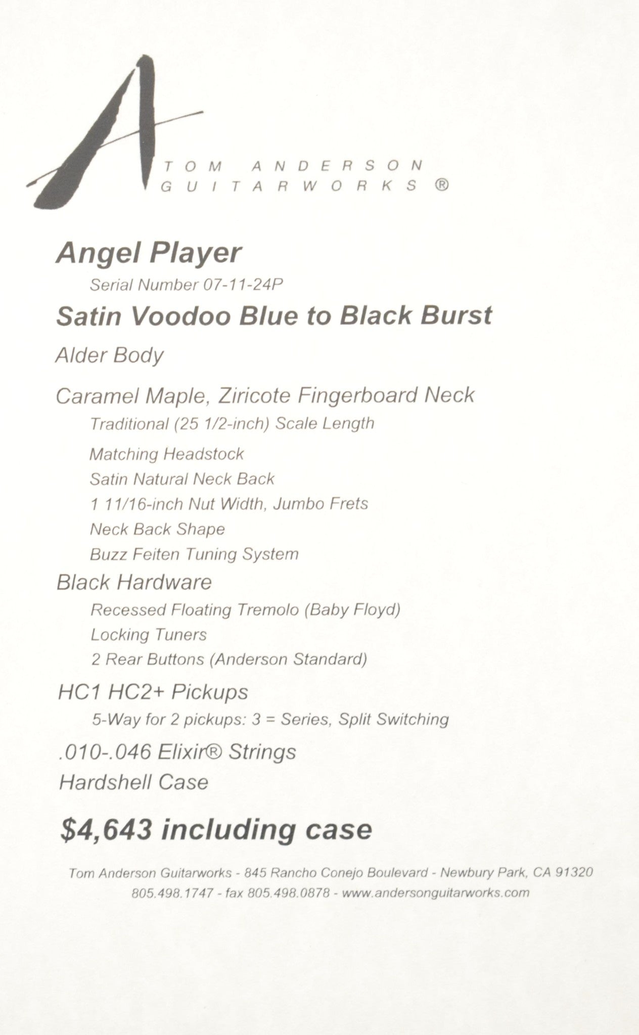 Tom Anderson Angel Player Satin Voodoo Blue to Black Burst SCRATCH & DENT