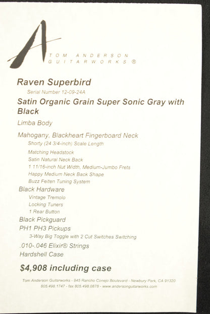 Tom Anderson Raven Superbird Satin Organic Grain Super Sonic Gray with Black