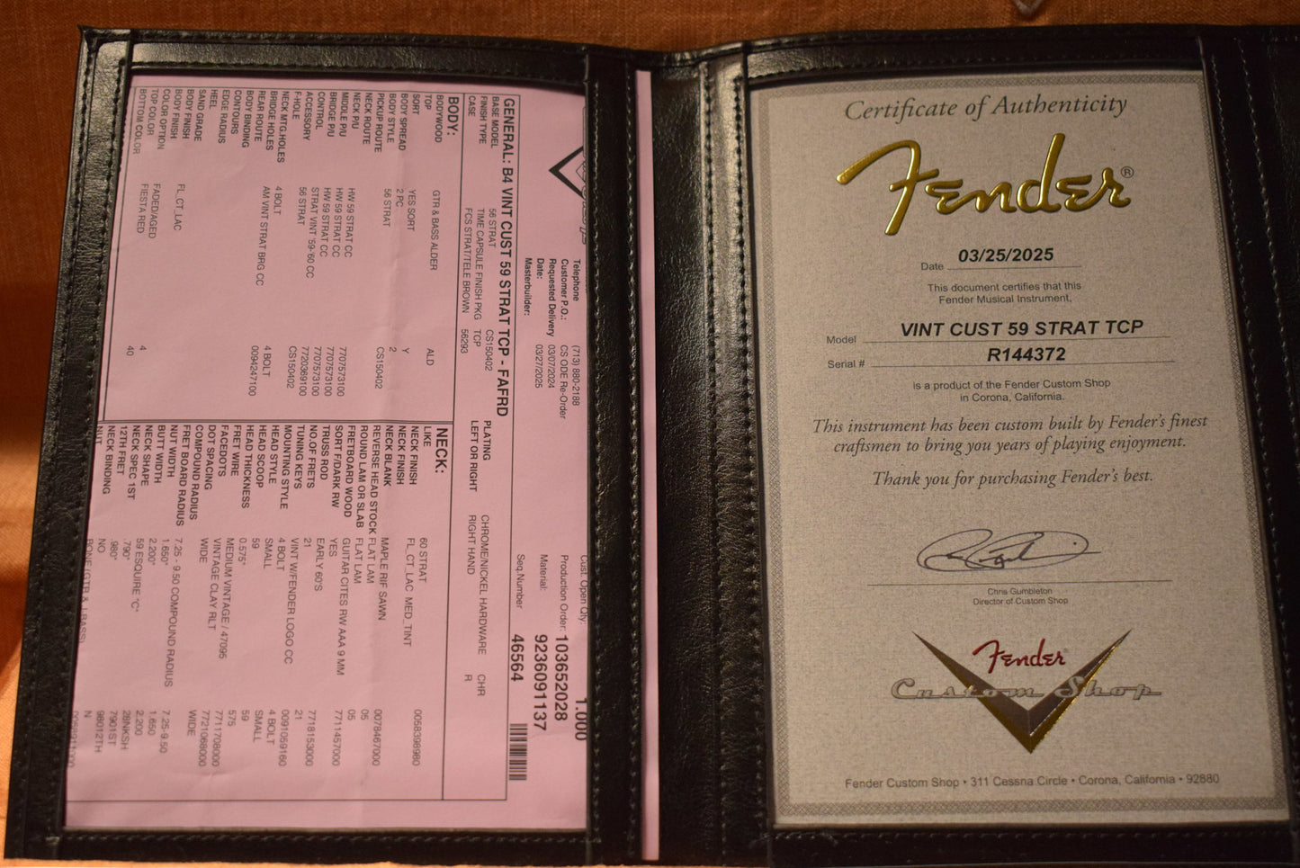 Fender Vintage Custom 1959 Stratocaster NOS Fiesta Red 3A Rosewood Fingerboard