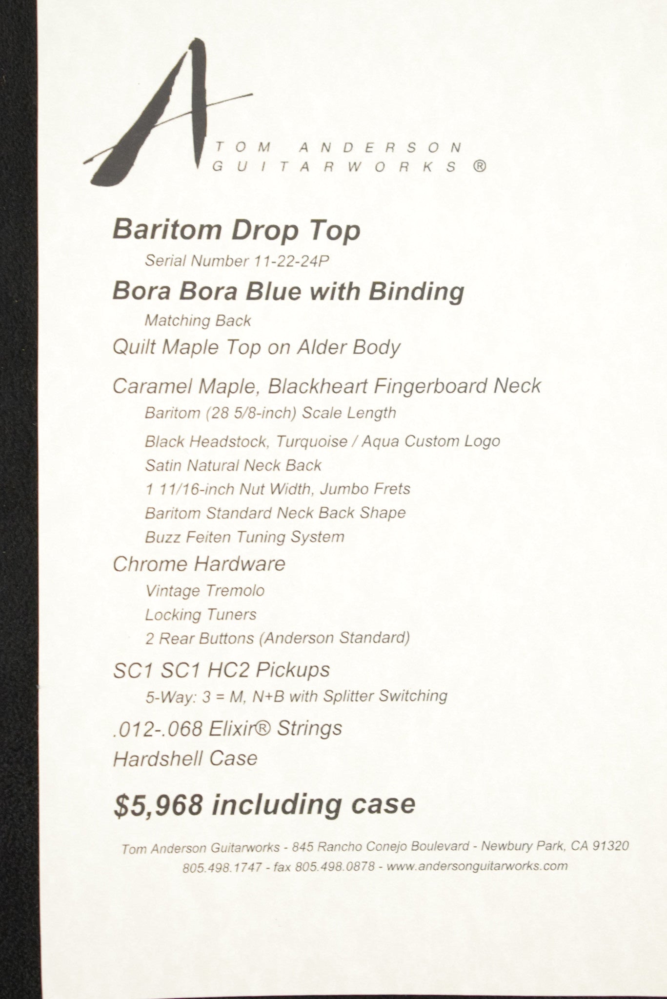 Tom Anderson Baritom Drop Top Bora Bora Blue with Binding